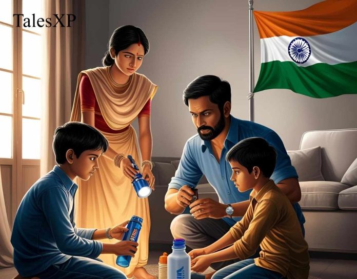 Indian family preparing emergency kit at home during India Pakistan war threat with survival supplies in room